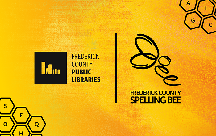 Frederick County Spelling Bee on a gold background with a honeycomb pattern with letters in the honeycomb cells